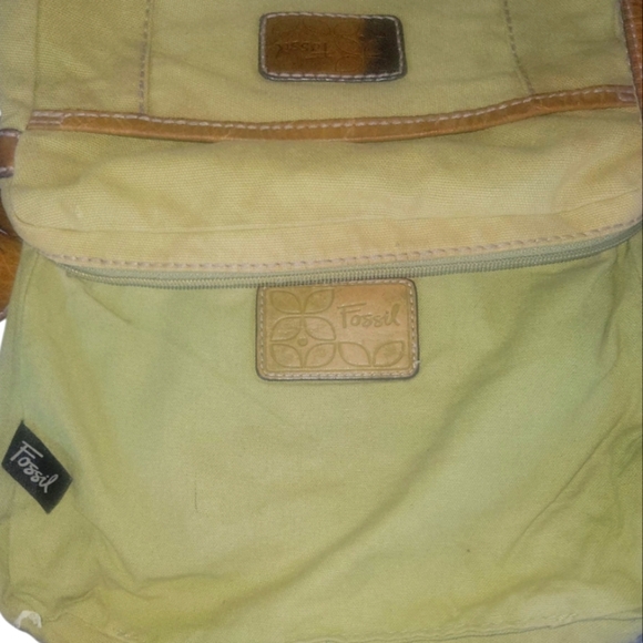Fossil Canvas Leather Green and Brown/Caramel  Hobo Y2K Retro Crossbody Bag - Picture 7 of 9